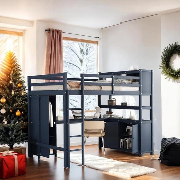 slide 2 of 20, Wood Loft Bed with Cabinet and Bookshelf, Full Size Loft with Wardrobe and Desk for Kids Dark Blue