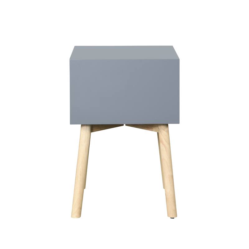 Nightstand with Double Drawers and Rubber Wood Legs, Mid-Century Modern Design