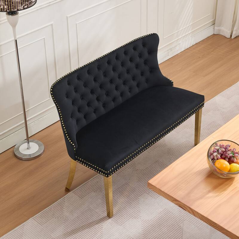 Velvet Double Dining Loveseat Bench, 2-Seat Tufted Bench w/Handmade Buttons, Wing Back, Gold-Plated Steel Legs, Single Pack