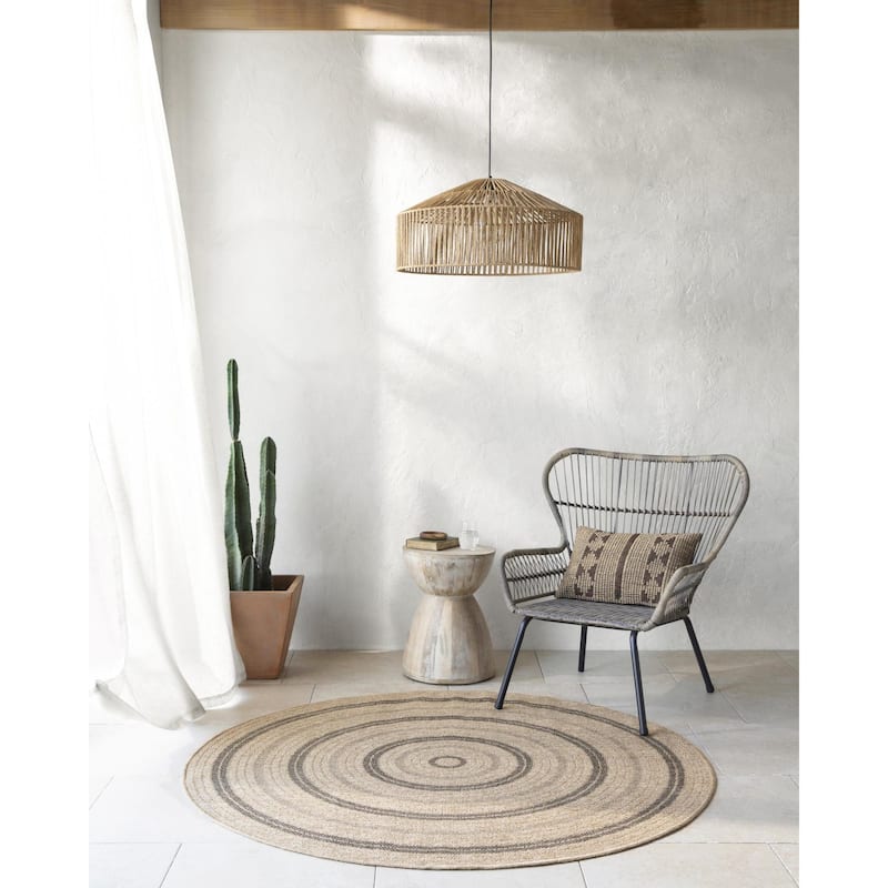 Encore Farmhouse Border Indoor/Outdoor Area Rug - 3'3" Round - Tan/Black