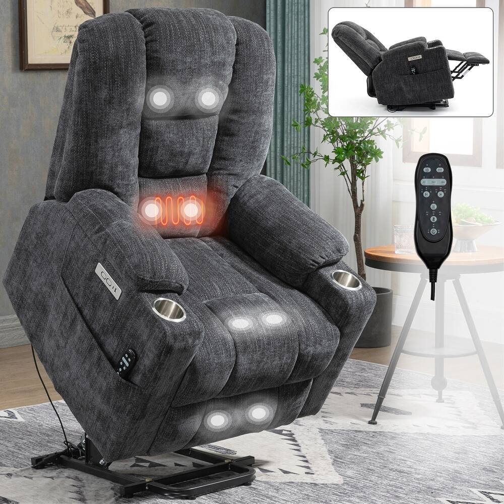 Grey Spacious Power Lift Recliner featuring Massage, Heating, Dual USB Ports, Type-C Charging, and Cup Holders