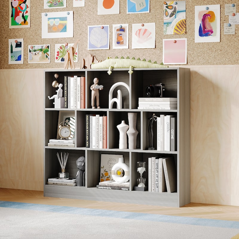 Gray Bookshelf with Multi-Size Storage Compartments Home Office Bookcase Organizer Bookcase Organizer