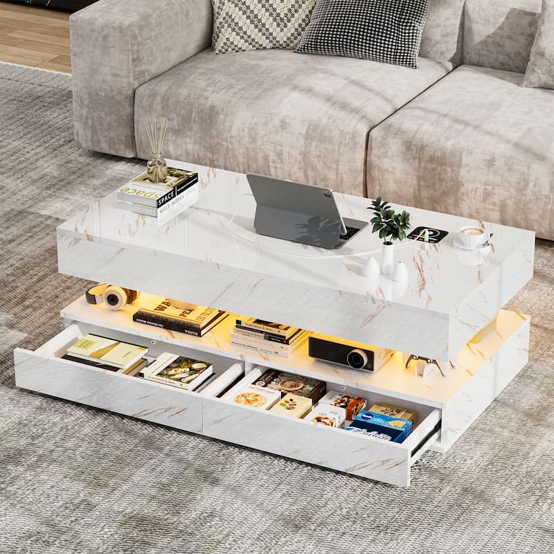 Smart LED Coffee Table 47.2" with Bluetooth Speaker & Wireless Charging, Modern White Marble Center Table