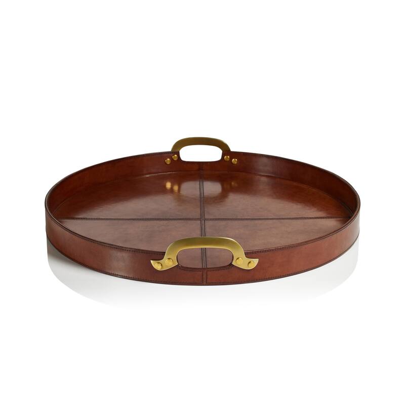 Harlow Leather with Brass Handles Round Tray - 24" - Almond  Brown