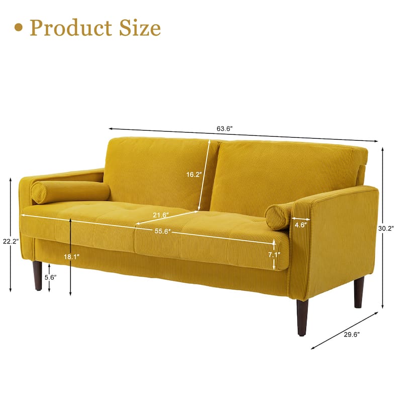 Modern Corduroy 2 Seater Sofa with Bolster Pillows