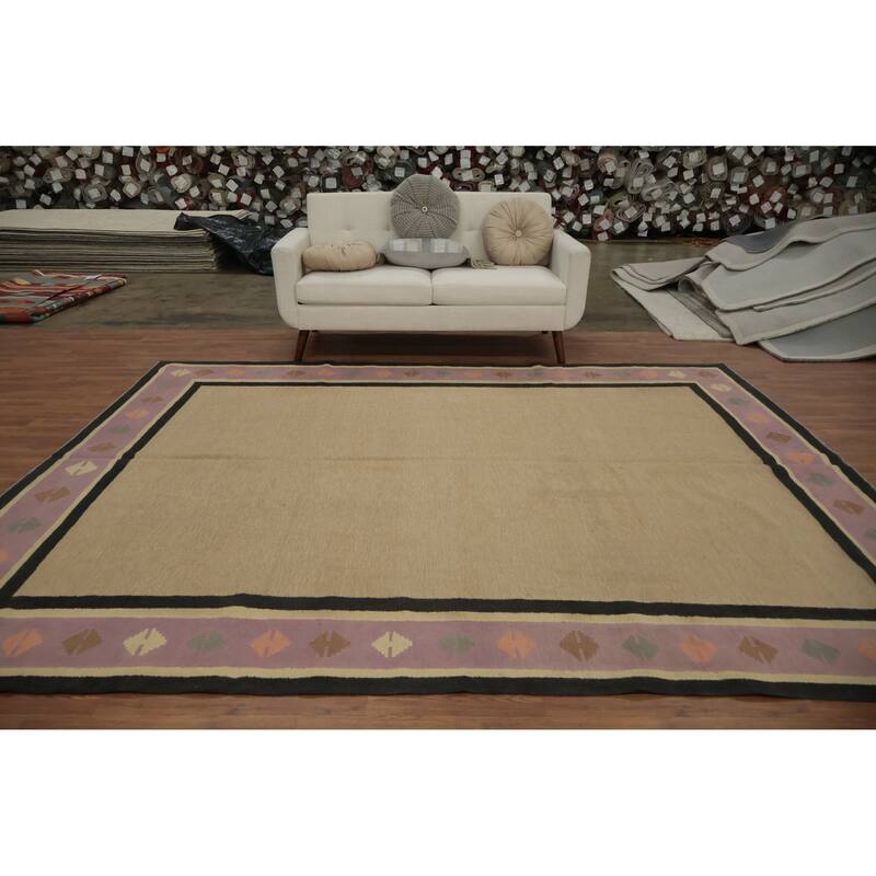 Hand Woven Oriental 100% Wool Carpet Southwestern Tribal Beige & Ivories Kilim Area Rug - 10' 2'' X 8' 2''