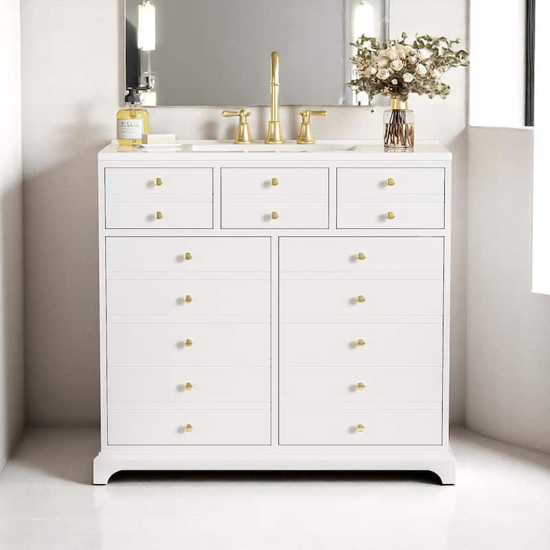 36 Inch Bathroom Vanity with White Ceramic Basin, 2 Soft-Close Drawers and Doors, Freestanding Storage Cabinet - White