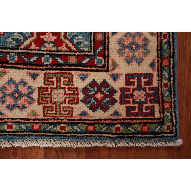 Geometric Blue Kazak Foyer Rug Hand-Knotted Accent Wool Carpet - 2'8"x 4'0"