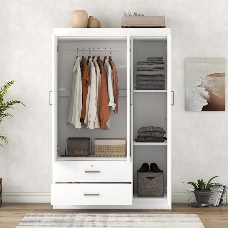3-Door Wardrobe with 2 Drawers - N/A - White