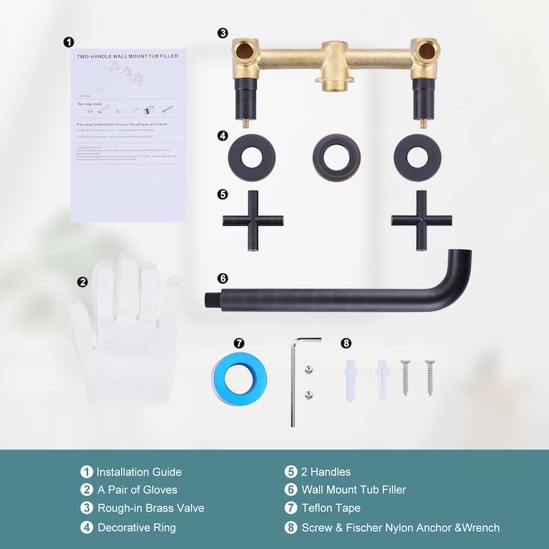WOWOW Modern Cross-Style Dual-Handle Wall-Mounted Bathtub Faucet