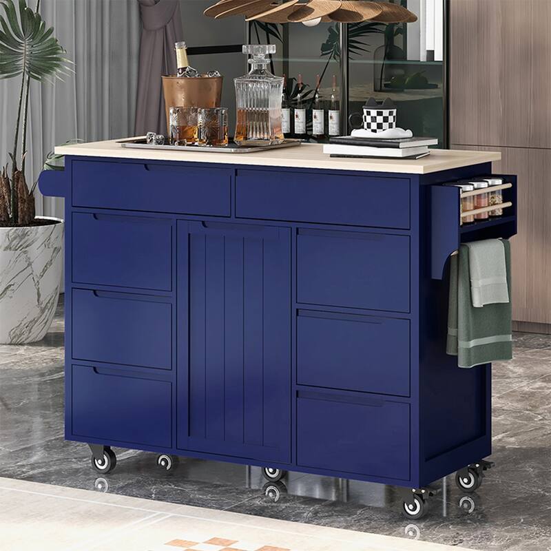 Kitchen Cart With Rubber Wood Countertop, Large Storage Space Flatware Organizer With Spice Rack, Towel Rack - Blue