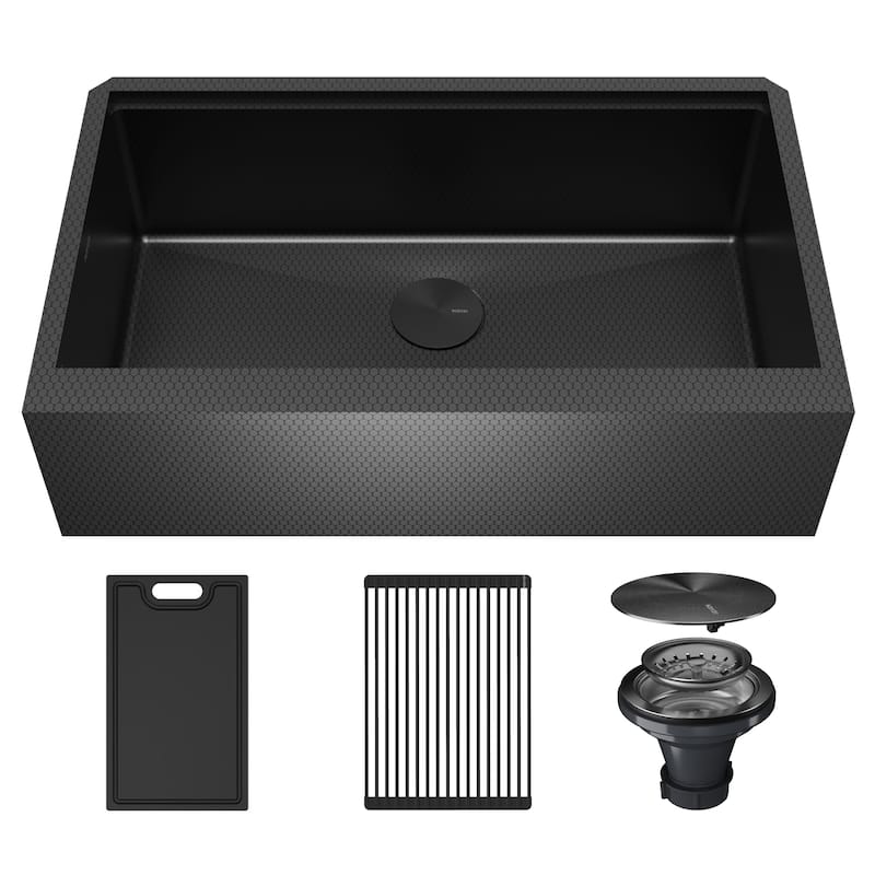 Karran Matrix 33" Apron Front Workstation 16 Gauge Single Bowl Stainless Steel Kitchen Sink with Accessories - Gunmetal Grey