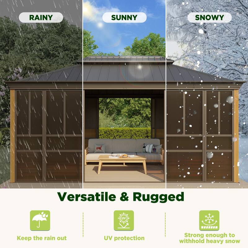 Erommy Outdoor Solarium Sunroom, Patio Hardtop Gazebo, Aluminum Frame Permanent Gazebo with Sliding Doors and Screens