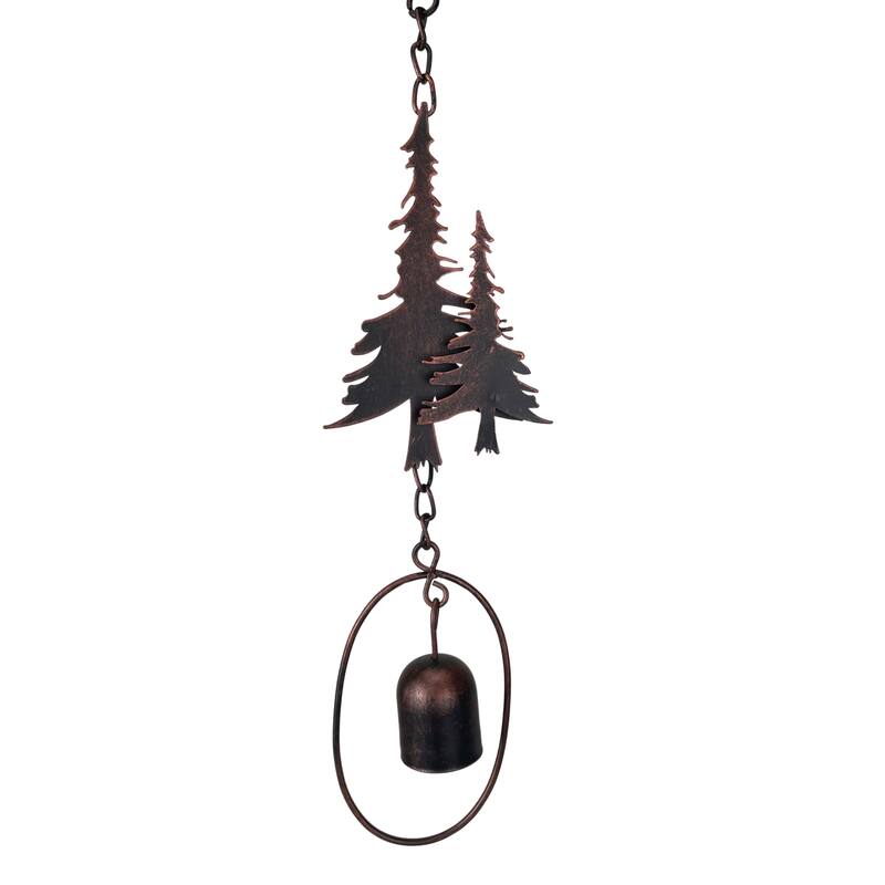 70" Metal Rain Chain - Forest Trees & Zen Bells, Aged Bronze, 3.25" - 3.25 X 70 X 0.25 inches