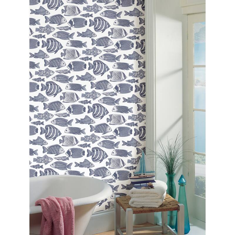 A-Street Prints Wailea Indigo Tropical School Wallpaper