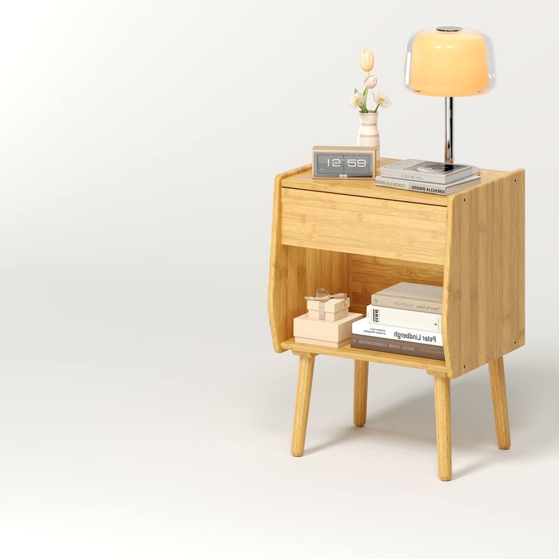 Nightstand With Drawer And Open Compartment, Solid Wood Legs