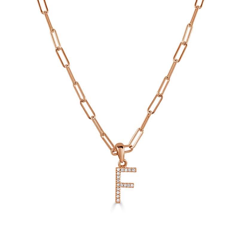Joelle Collection Diamond Initial Letter Necklace Paperclip 14K Gold 16-inch Chain 1/10 TDW Necklace - F - Rose