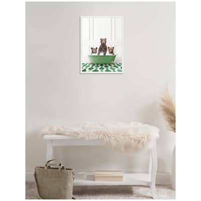 Kate and Laurel Sylvie Three Bear Cubs in Eclectic Green Panel Wall Bathtub Framed Canvas by Amy Peterson