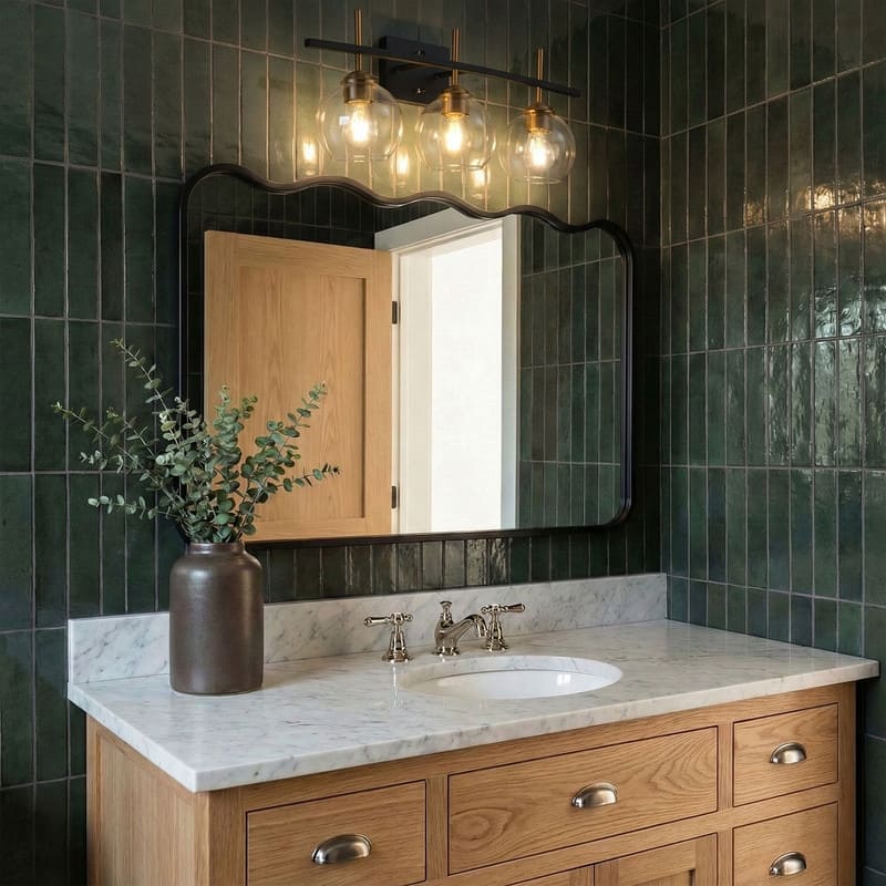 3 Light Industrial Vanity Light Matte Black with Antique Copper Accents Clear Tube Glass Shades