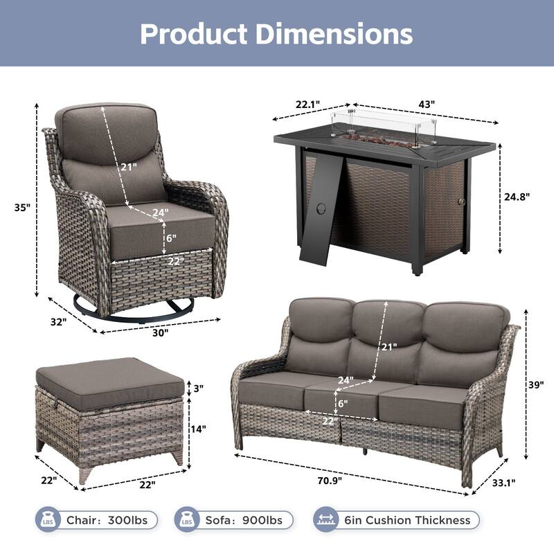 Arcadia 8-Piece PE Wicker Patio Seating Set with Durable All-Iron Fire Pit and 6-Inch Cushions