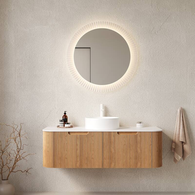 GDFStudio - Dina Modern 48" Floating Bathroom Vanity with Striped Curved Drawers & White Round Ceramic Basin, WITHOUT Faucet