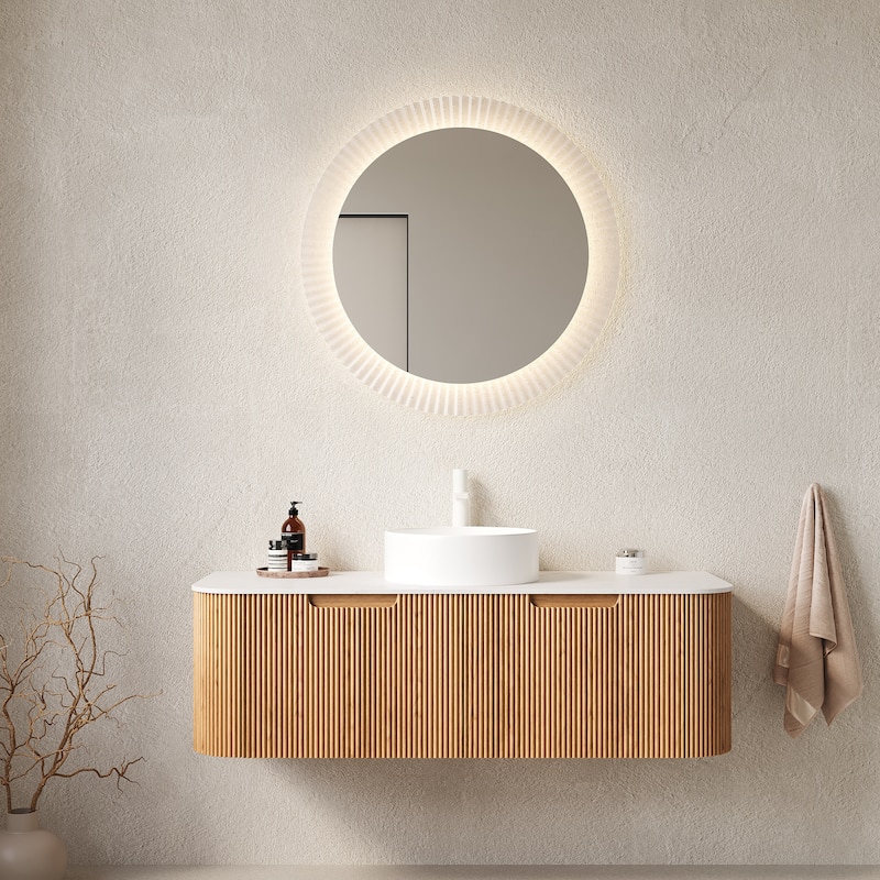 GDFStudio - Dina Modern 48" Floating Bathroom Vanity with Striped Curved Drawers & White Round Ceramic Basin, WITHOUT Faucet - Natural Wood
