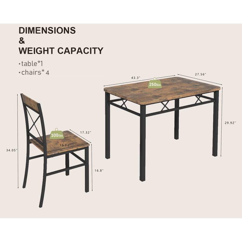 6-Piece Wood Grain Dining Table Set with Bench and Waterproof Curved Backrest Chairs, Anti-Slip Footpads Gray