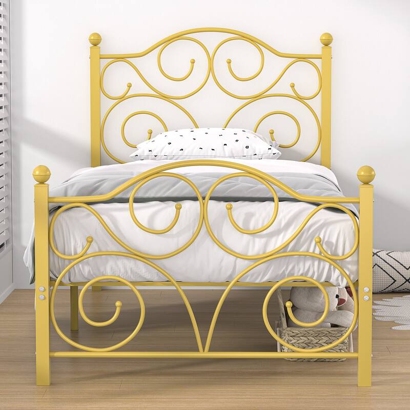 Javlergo Metal Bed Frame with Arched Headboard and Footboard, Heavy Duty Steel Slat Support, No Box Spring Needed - Gold - Twin