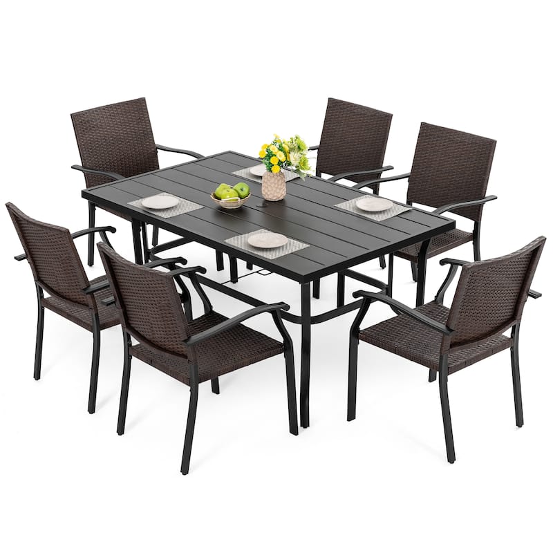 Patio 7-Piece Wicker Iron Dining Set with 1.57'' Umbrella Hole, Black