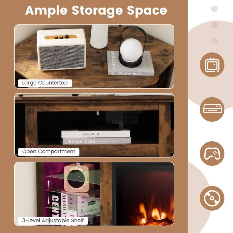 Electric Fireplace Corner TV Stand with LED Lights and Adjustable Glass Shelves - 45" x 22" x 30"