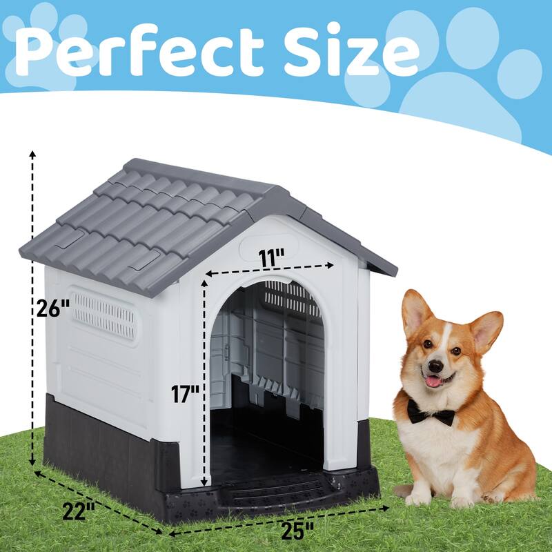 Plastic Dog House with Air Vents, Elevated Floor, Insulated Outdoor Indoor Kennel for Small Dogs