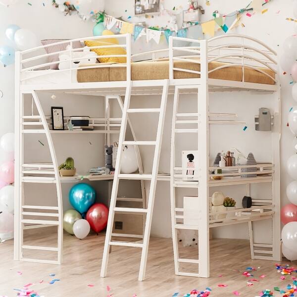 slide 2 of 20, Full Size Loft Bed with 4 Layers of Shelves and L-shaped Desk, Stylish Metal Frame Bed with a set of SocketsUSB Ports,white White