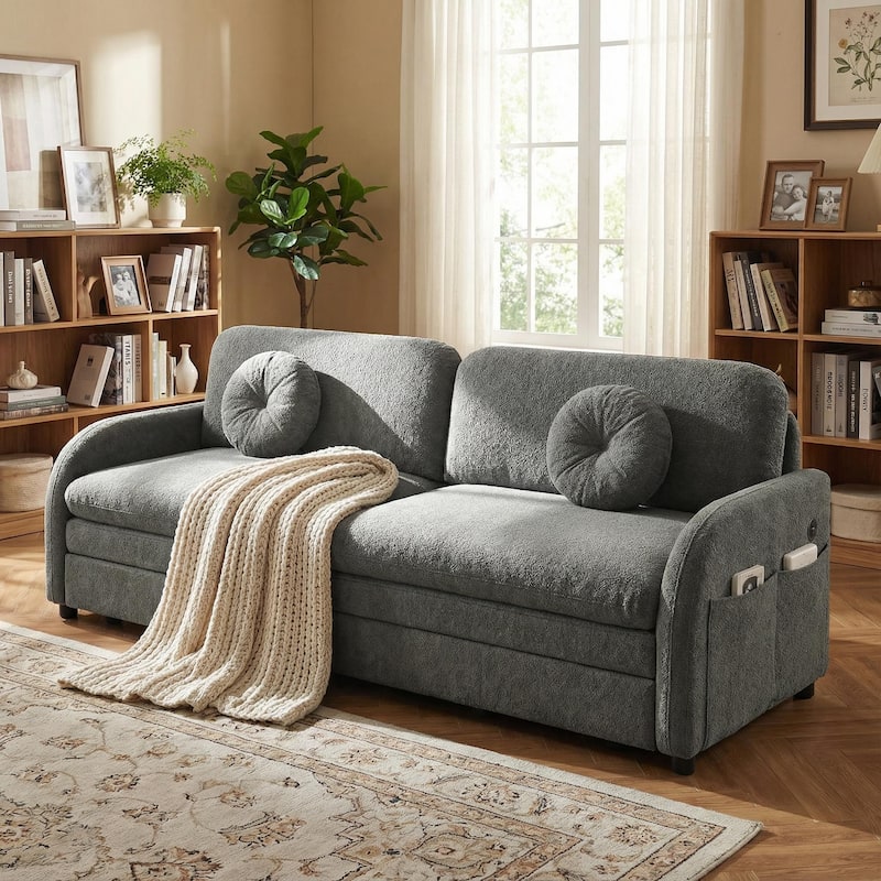 Homy Casa 3-in-1 Convertible Sleeper Sofa Bed, Pull-Out Couch w/ USB, Side Pocket & 4 Pillows, Chenille, 2/3/4-Seat