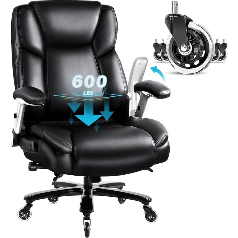 BOSSIN 600lbs Big and Tall Office Leather Chair with Flip up Armrest, Ergonomic Lumbar Support and Quiet Rubber Wheel