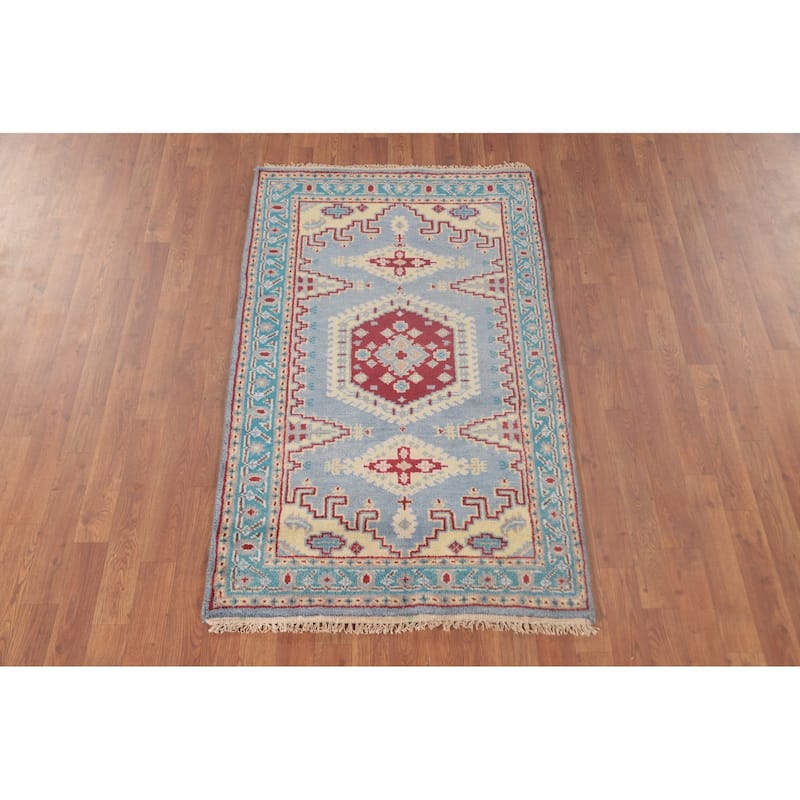 Geometric Kazak Accent Rug Handmade Blue Wool Carpet - 3'0"x 4'11"
