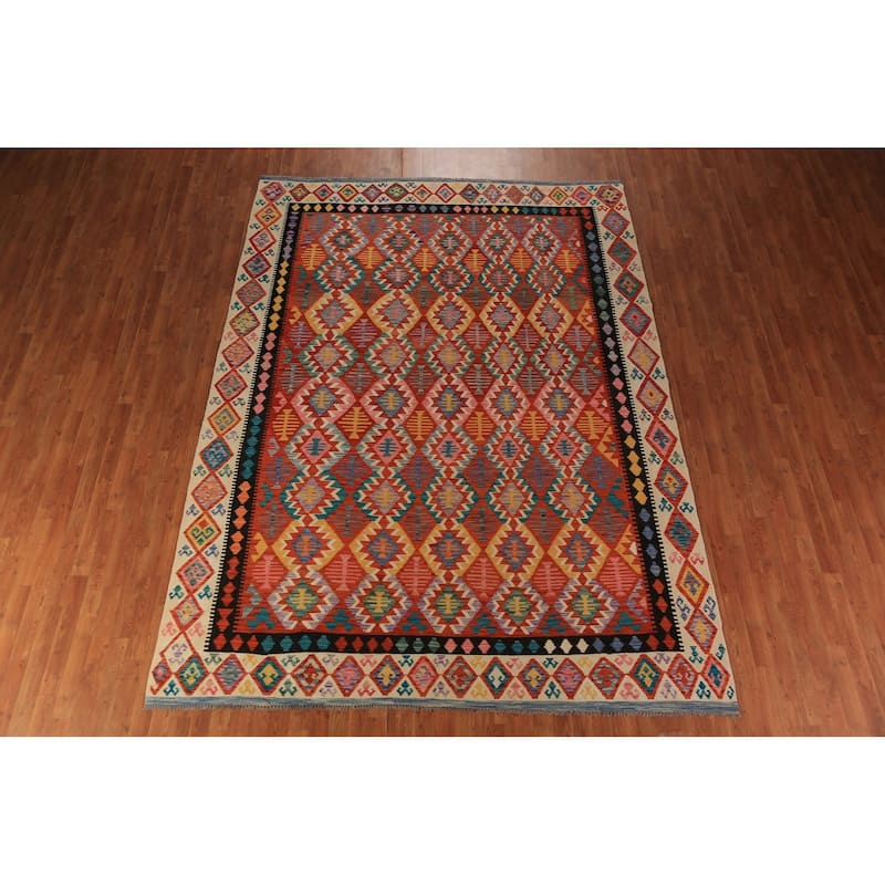 Kilim Oriental Area Rug Reversible Orange Flatweave Wool Carpet - 8'2"x 11'5"