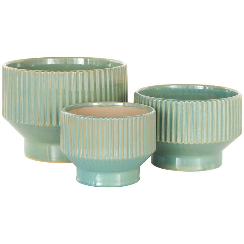 Green, Cream or White Ceramic Wide Planter with Linear Grooves and Tapered Bases (Set of 3)