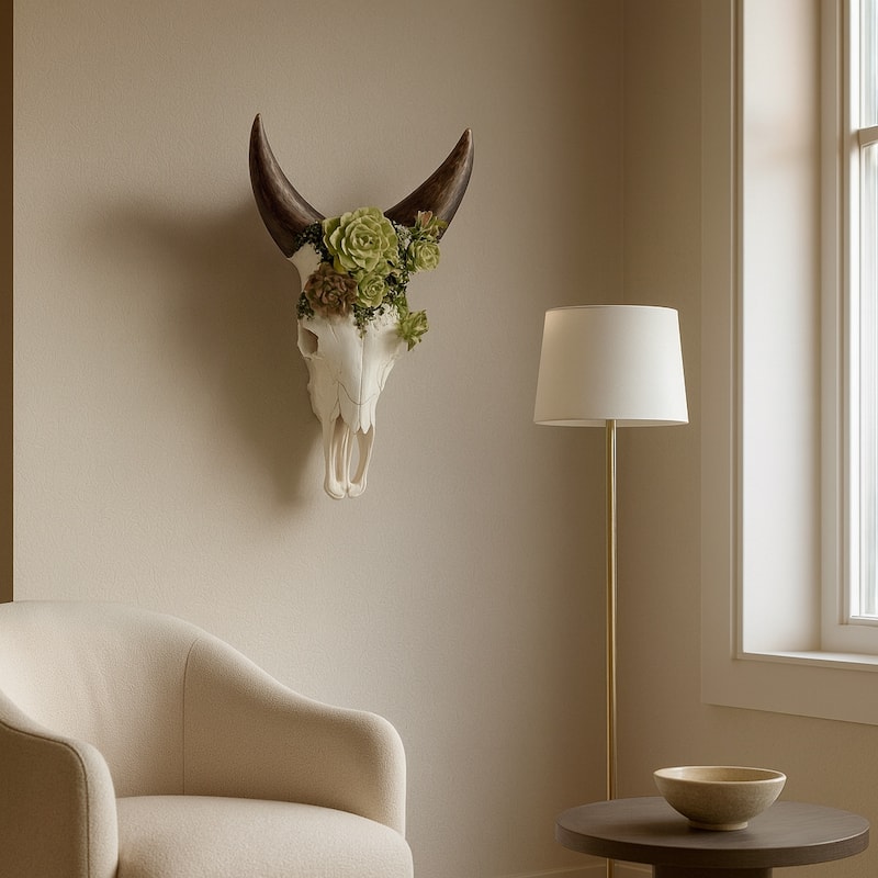 Resin Bull Skull with Flower Wall Sculpture - Ivory, 18" - Ivory/ Brown - 18.0"