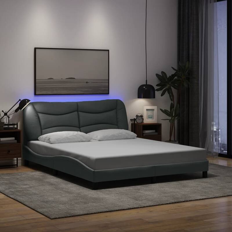 vidaXL Bed Frame with LED Lights Base Curved Platform Bedroom Furniture Fabric - Light gray - Queen