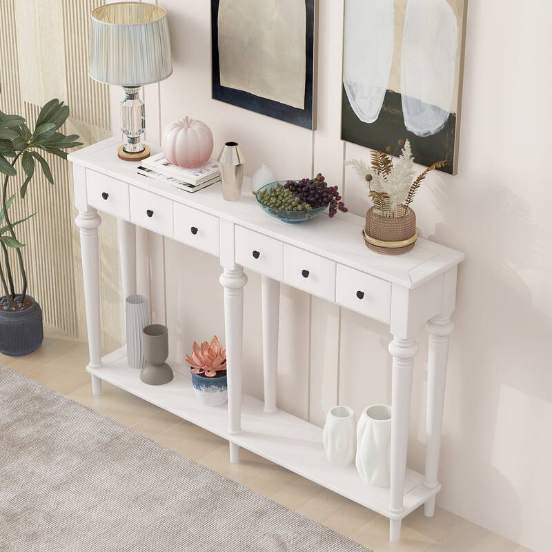 Versatile Hallway Table Side Table with 4 Storage Drawers, Accent Table White Sofa Table with Bottom Open Shelf - White