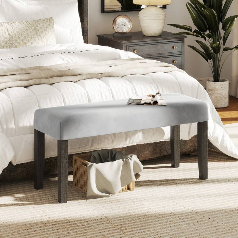 42" Wide Grey Velvet Upholstered Bench with Solid Wood Legs for Bedroom or Entryway Seating Ottoman - 42" x 15.5" x 20"