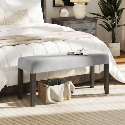 42" Wide Grey Velvet Upholstered Bench with Solid Wood Legs for Bedroom or Entryway Seating Ottoman - 42" x 15.5" x 20"
