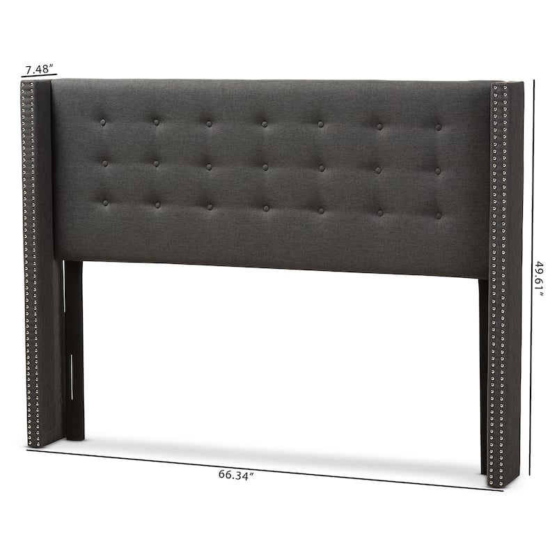 Modern Dark Grey Fabric Winged Headboard Queen Size with Button Tufting and Nailhead Trim, Adjustable Mount