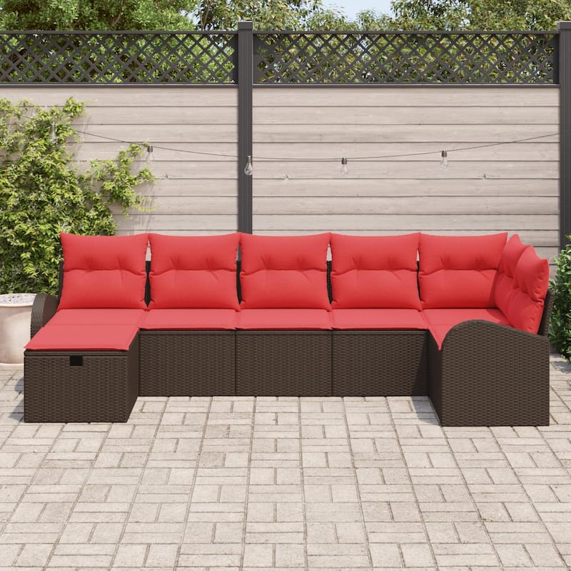 vidaXL 7/8 Garden Sofa Set with Cushions Black/Brown/Grey Poly Rattan - 113.8 x 48.8 x 27.2