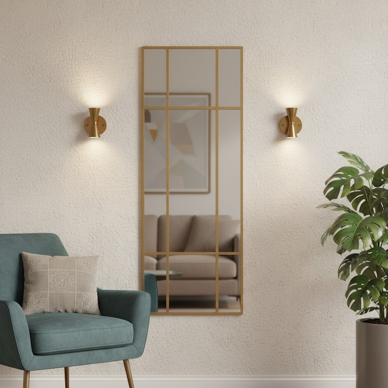 HomeRoots 63" Gold Iron Window Pane Geometric Framed Full Length Hanging Mirror - 24.00 in. x 63.00 in. x 0.78 in. - 24.00 in. x 63.00 in. x 0.78 in.