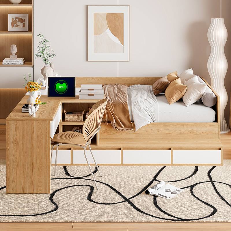 Full Size Wooden Platform Bed With 6 Drawers, Shelves And Dressing Table - Natural