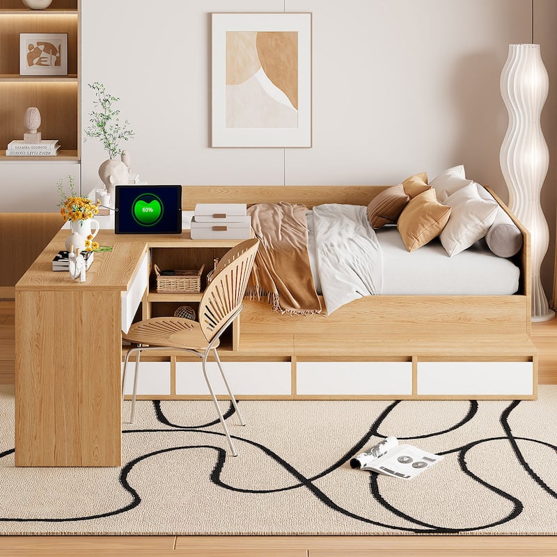 Full Wood Platform Bed - 6 Drawers, Shelves & Dressing Table, Space-Saving Design - Natural