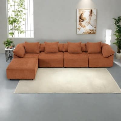 142" Chenille L-Shaped Modular Sectional Sofa with No Assembly Required, Convertible Sleeper, and Built-In Ottoman