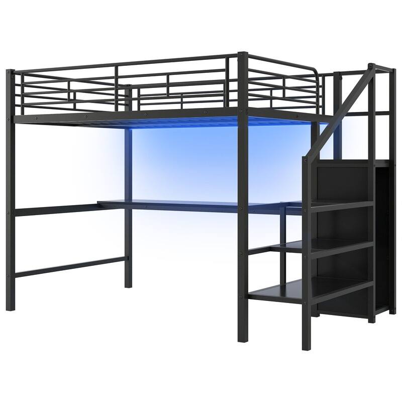 Metal Full Size Loft Bed with Desk, Storage Staircase, Small Wardrobe and LED Light