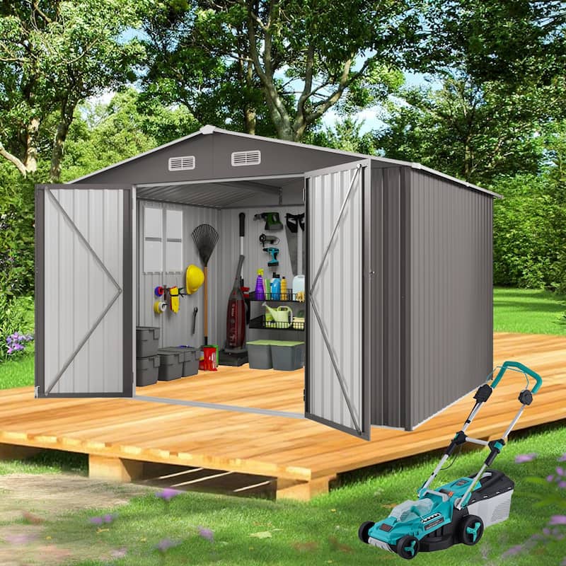 10x12FT Outdoor Storage Shed Large Metal Garden Shed with Double Door Two Window Waterproof Tool Shed for Backyard Poolside